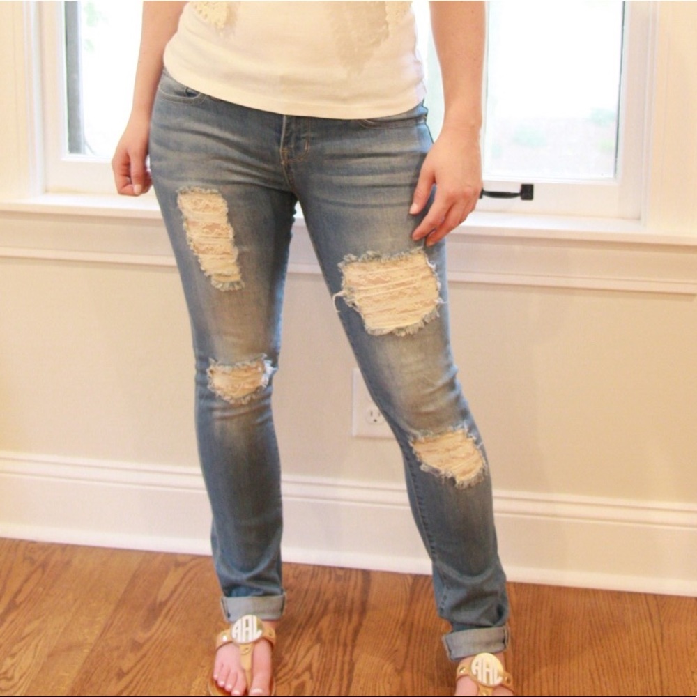 GUESS jeans with lace/ripped detail, size 6 or 28R